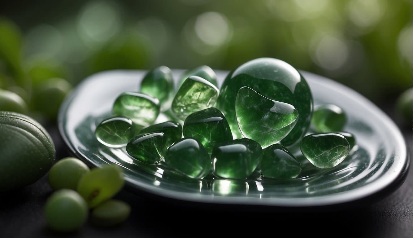 Aventurine's effects on the mind and body, shown through swirling green energy and a sense of calm and balance