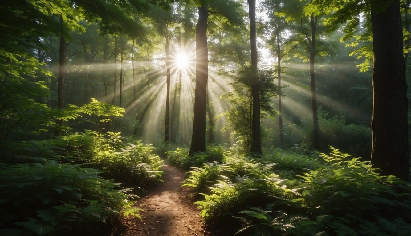 A tranquil forest with vibrant green foliage, a gentle breeze rustling the leaves, and rays of sunlight filtering through the trees