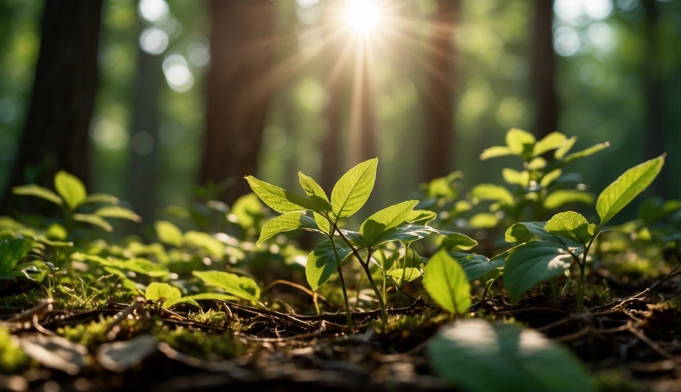 A serene forest clearing with vibrant Bryonia plants, exuding a calming and grounding energy. The sunlight filters through the leaves, casting dappled shadows on the forest floor