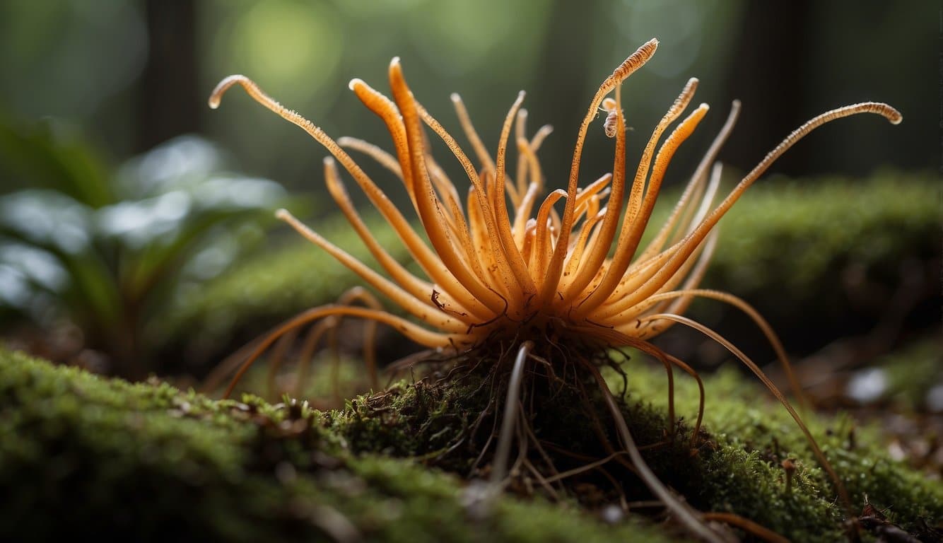 A cordyceps mushroom grows from the forest floor, its intricate patterns and delicate gills spreading outwards in a mesmerizing display