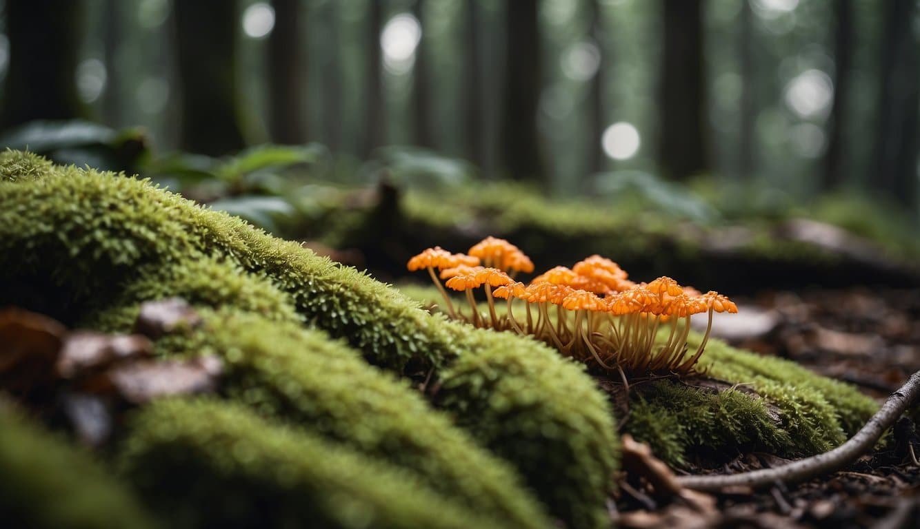 A serene forest with cordyceps mushrooms growing on the forest floor, surrounded by vibrant greenery and a sense of tranquility