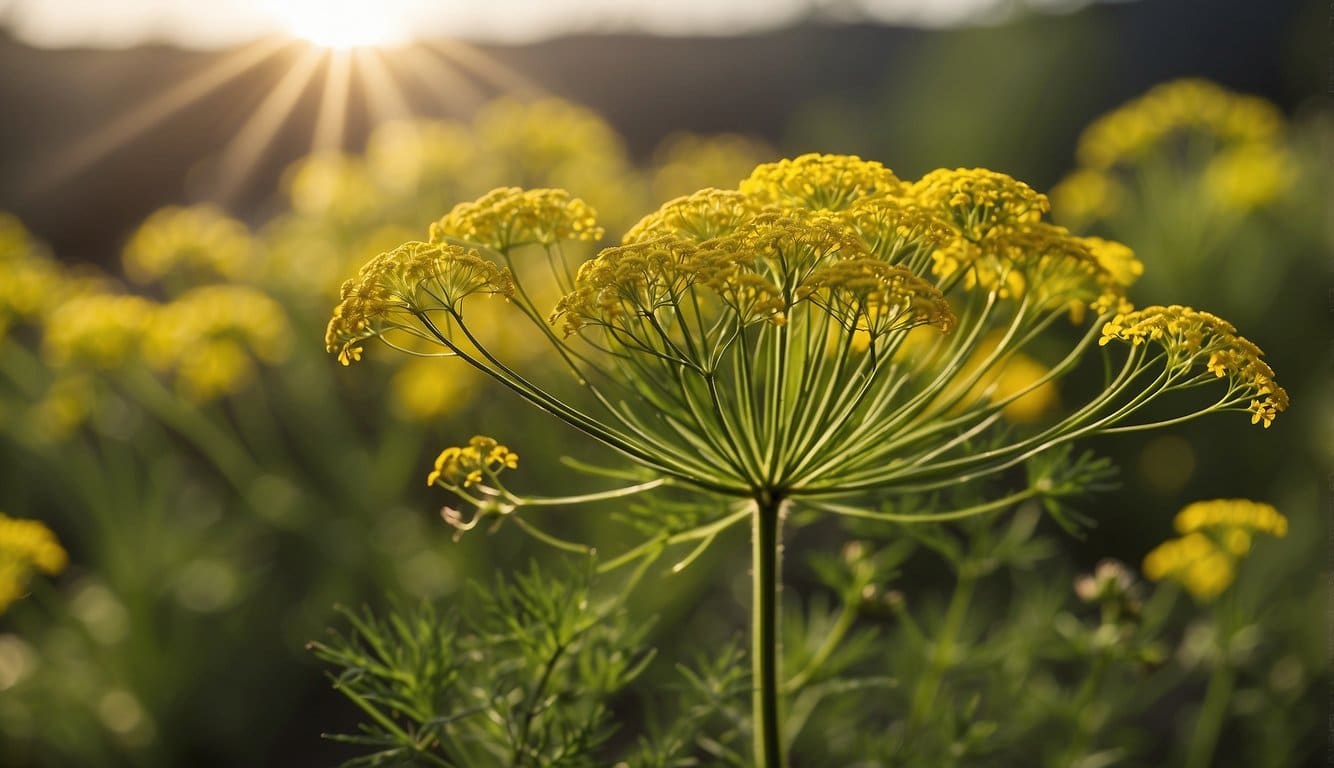 A vibrant dill plant sways in the breeze, surrounded by other herbs. The sun casts a warm glow, highlighting the delicate, feathery leaves and tiny yellow flowers