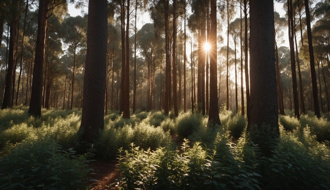 A serene forest with eucalyptus trees, sunlight filtering through the leaves, and a calm, peaceful atmosphere