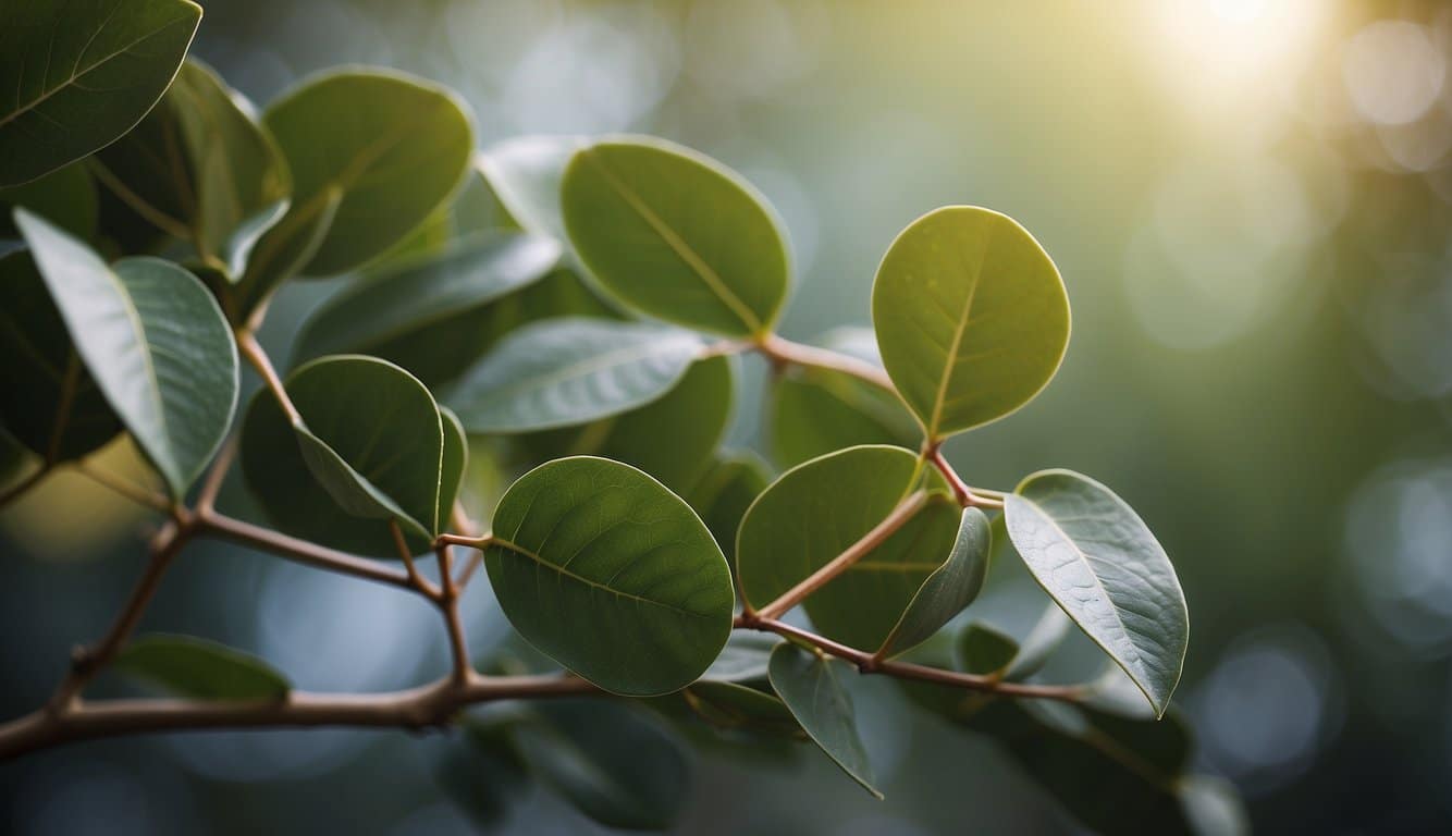 A serene atmosphere with eucalyptus leaves and oil diffusing, creating a calming effect on the mind and promoting relaxation