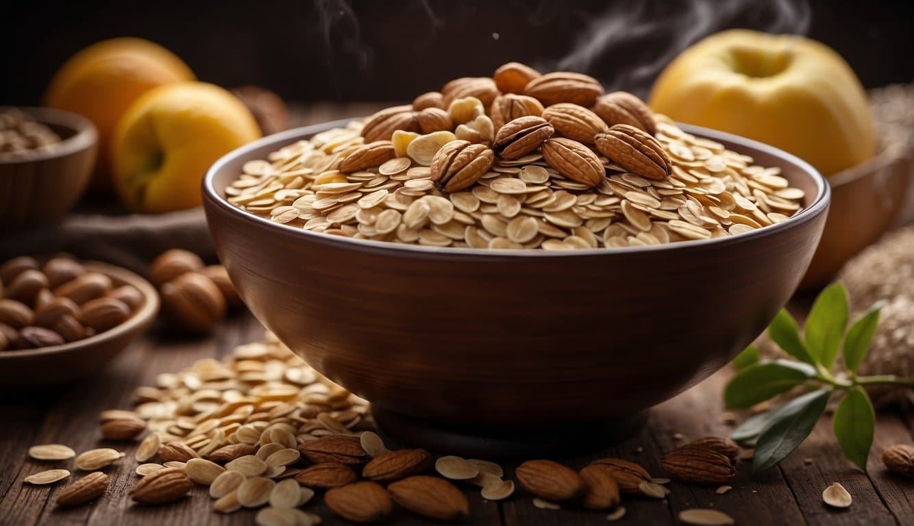 A bowl of oats sits on a wooden table, surrounded by various ingredients like fruits and nuts. The warm, comforting steam rises from the bowl, creating a cozy atmosphere