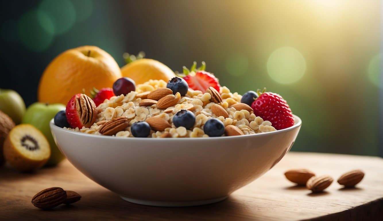 A bowl of oatmeal surrounded by various fruits and nuts, with a glowing aura emanating from it, symbolizing the health benefits and positive impact on mental well-being