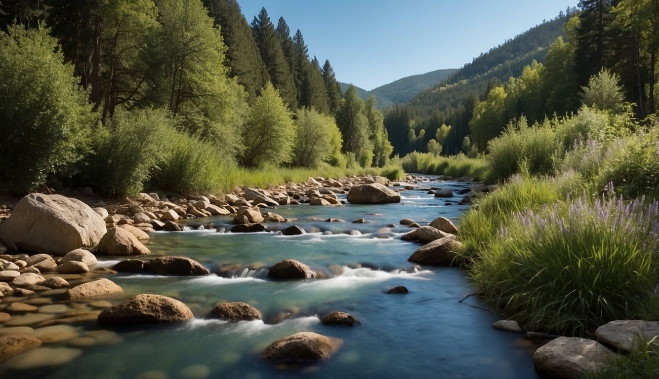 A serene landscape with a flowing river, lush greenery, and a clear blue sky, representing the calming and grounding effects of Silicea on the psyche