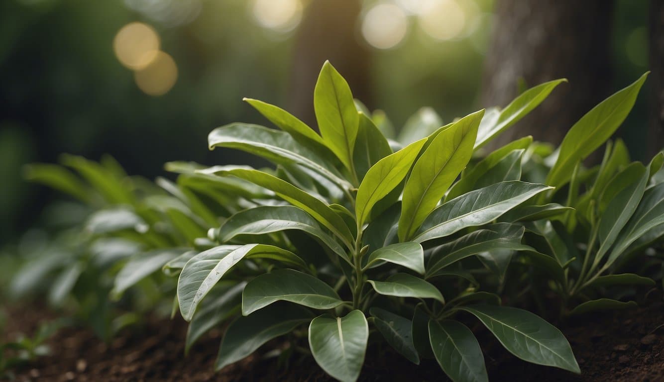 Lush green laurel leaves sway in the gentle breeze, surrounded by rich soil and carefully tended to by a gardener