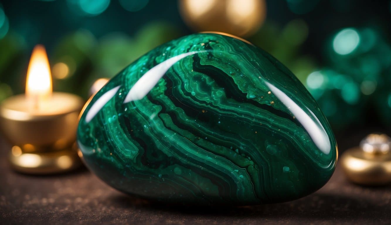 A serene, green malachite stone emanates calming energy, surrounded by ethereal auras and cosmic symbols