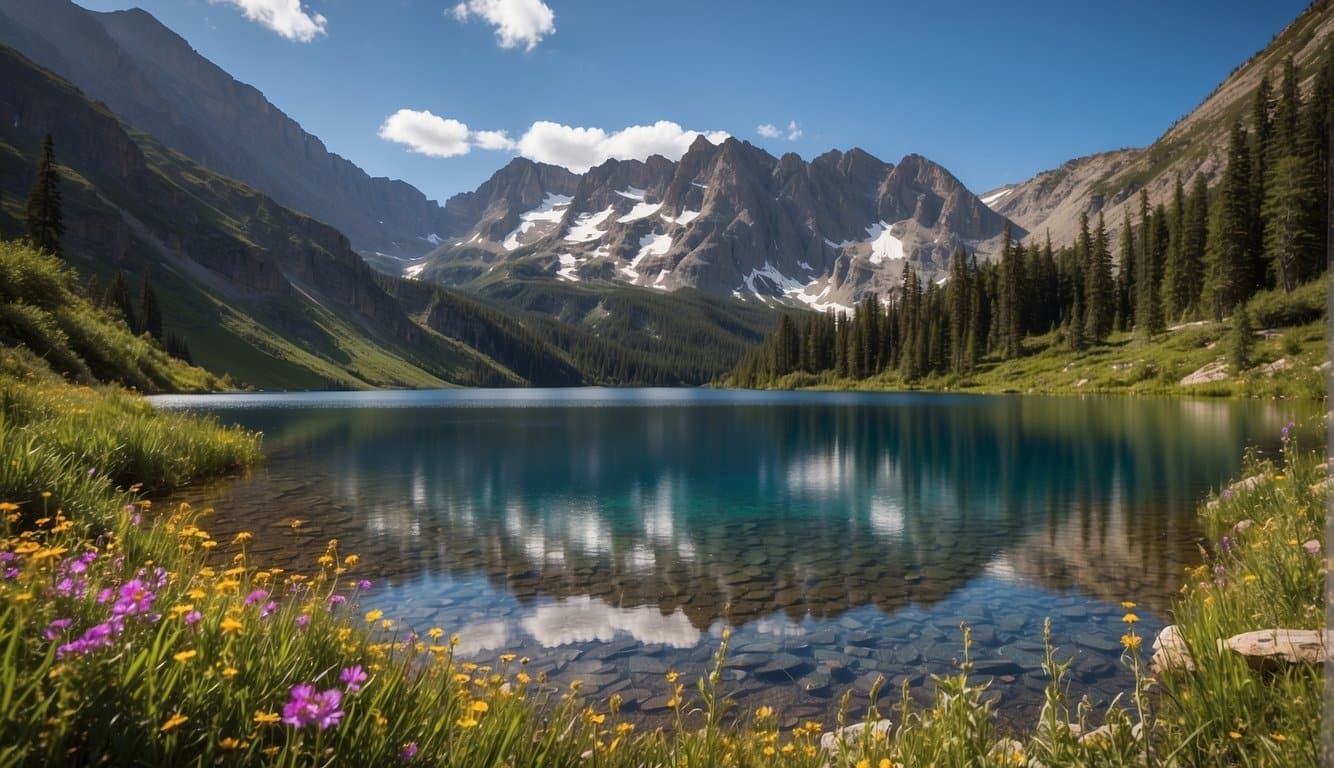 moenchspfeffer wirkung auf psyche stimmung und wohlbefinden 3 A serene mountain landscape with vibrant wildflowers and a clear, reflective lake, surrounded by towering peaks and a peaceful, blue sky