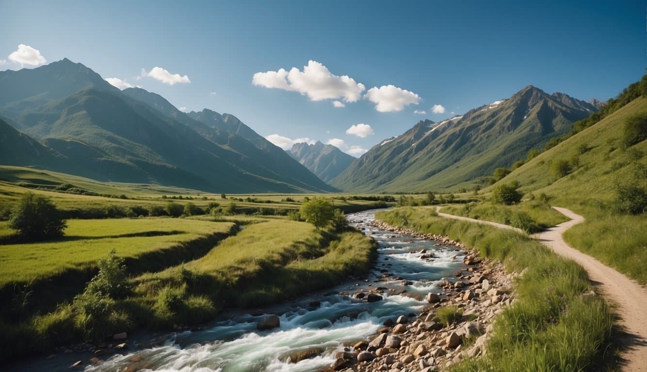 A serene landscape with a river flowing through a lush green valley, surrounded by tall mountains under a clear blue sky