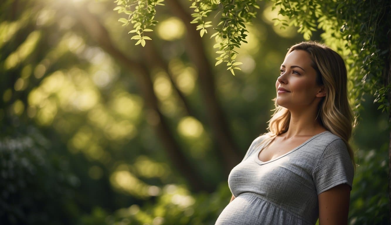 A serene pregnant woman surrounded by vibrant green foliage, with a glow of contentment on her face, symbolizing the positive effects of folic acid on the psyche during pregnancy