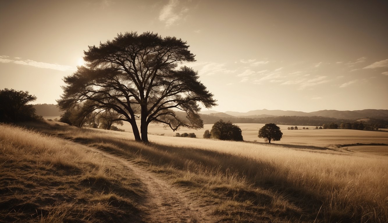 A sepia-toned landscape with a calm, serene atmosphere, featuring elements of nature and a sense of nostalgia