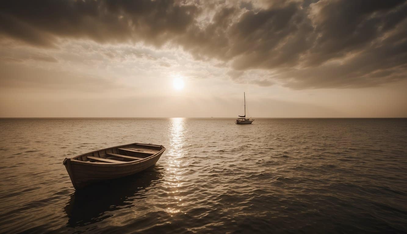 A serene ocean scene with a sepia-toned sky and a lone boat drifting peacefully on the water
