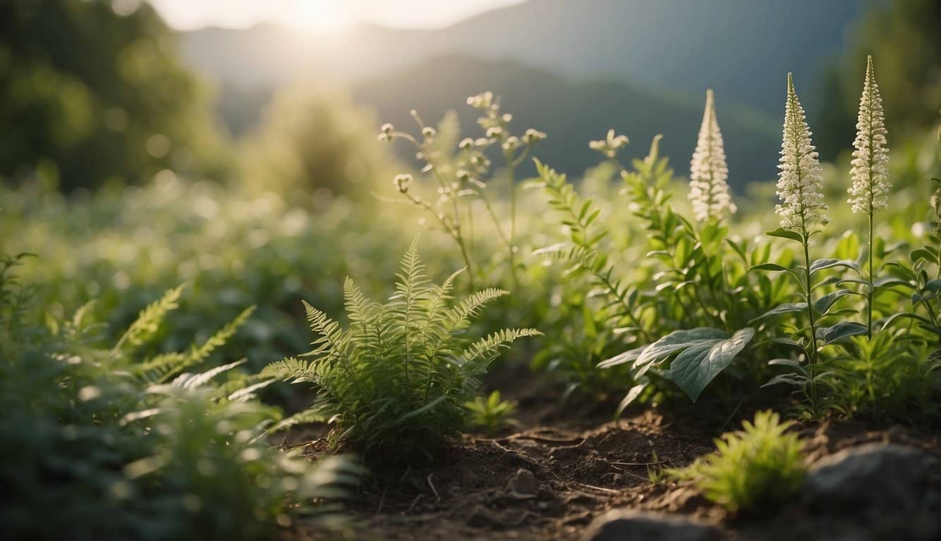 A serene natural setting with spitzwegerich plants surrounded by calming energy, evoking a sense of peace and tranquility