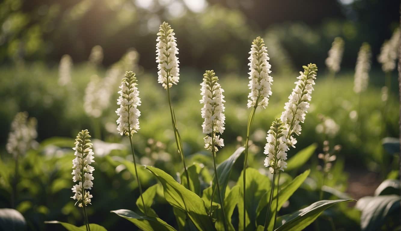 A serene garden with blooming plantain surrounded by calming herbs and ingredients, evoking a sense of peace and tranquility