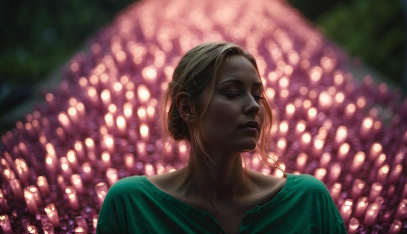 A person feeling calm and centered, surrounded by vibrant green and pink tourmaline crystals, emitting a soothing and balancing energy