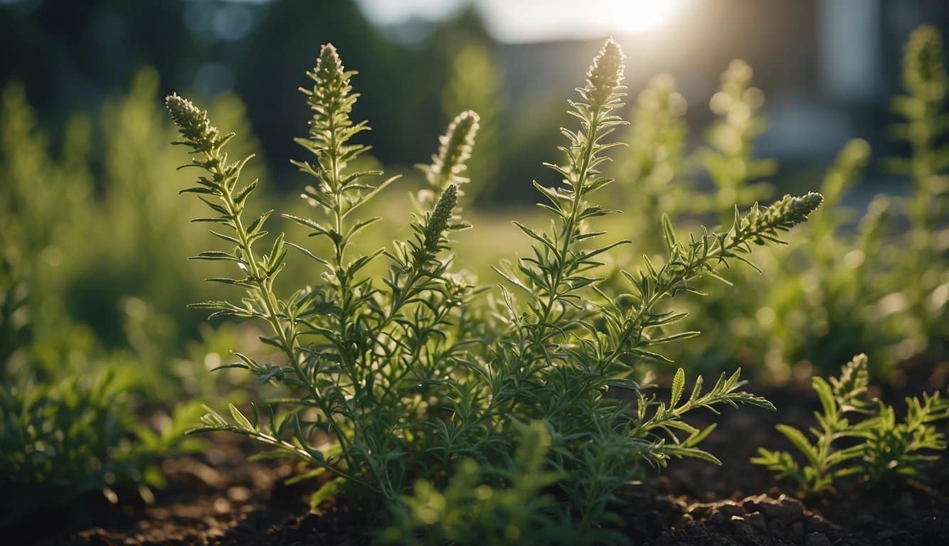 A vibrant scene of wormwood growing in a traditional healing garden, with its powerful effects on the psyche