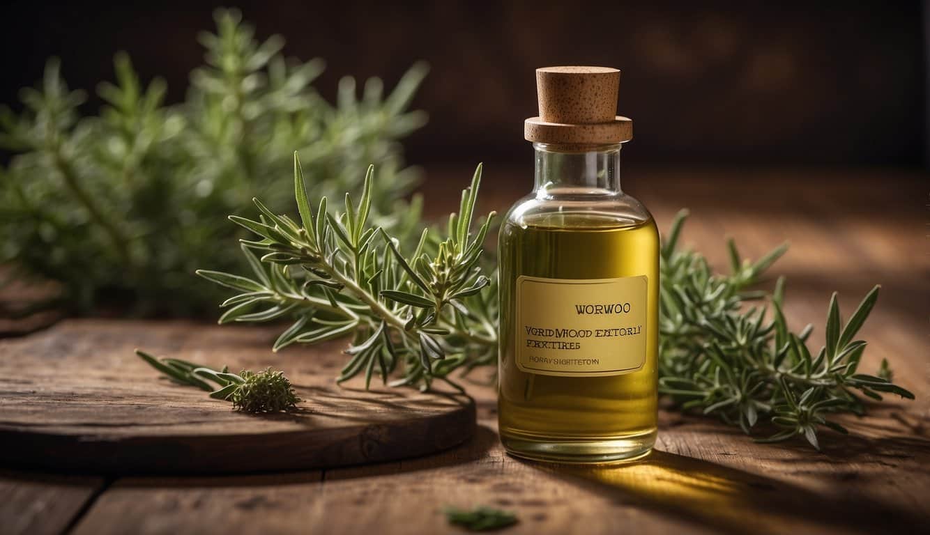 A bottle of wormwood extract sits on a wooden table, with a dropper next to it. The label on the bottle is clearly visible, and the room is filled with a calming atmosphere