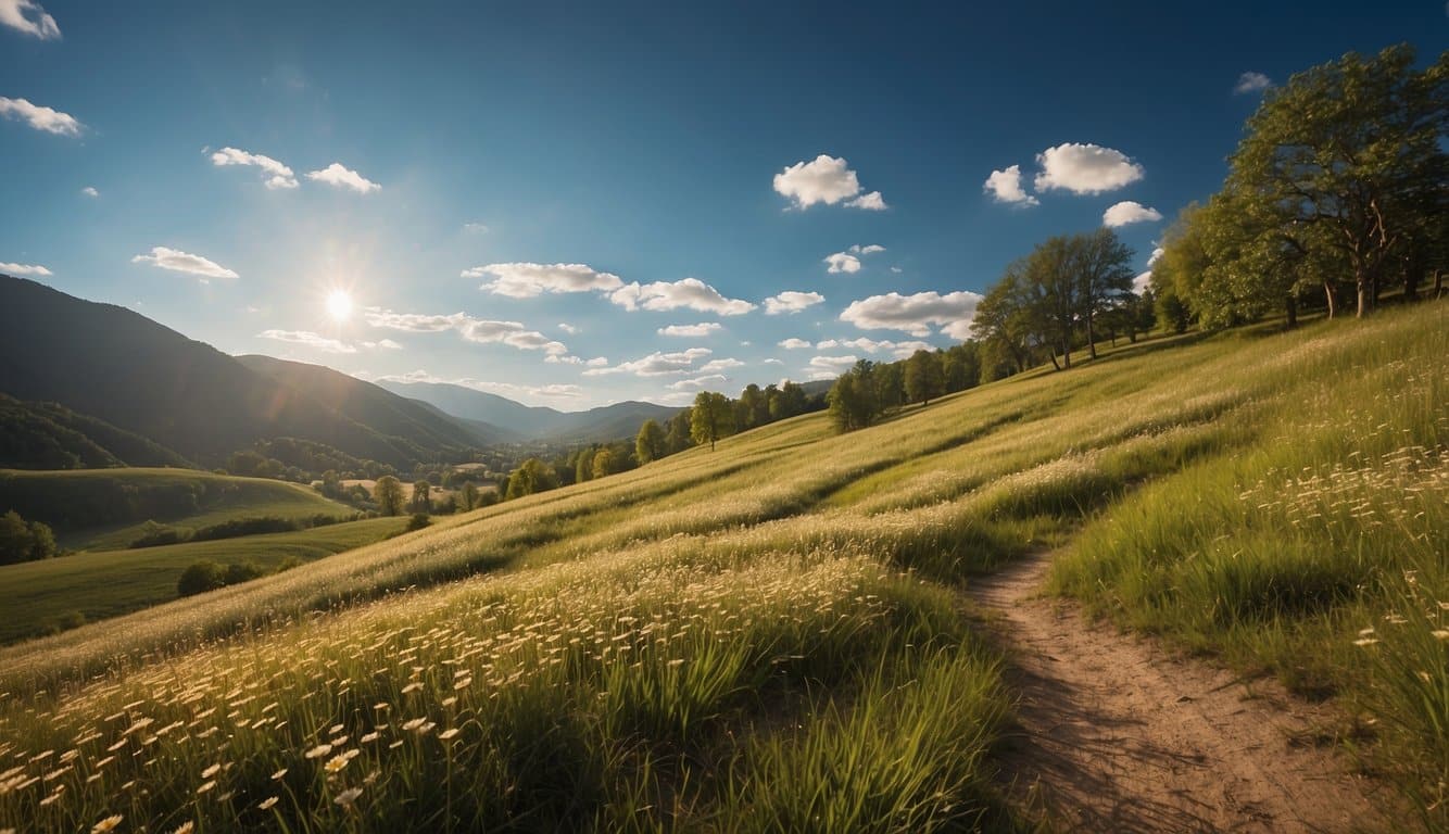 A serene landscape with vibrant colors and soft, flowing lines to represent the positive effects of folic acid on the psyche