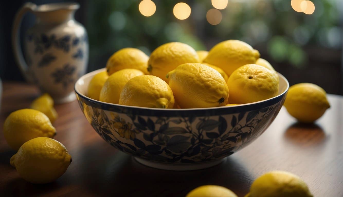 A bowl of lemons sits on a table, casting a bright yellow glow. The citrusy scent fills the air, evoking a sense of freshness and vitality