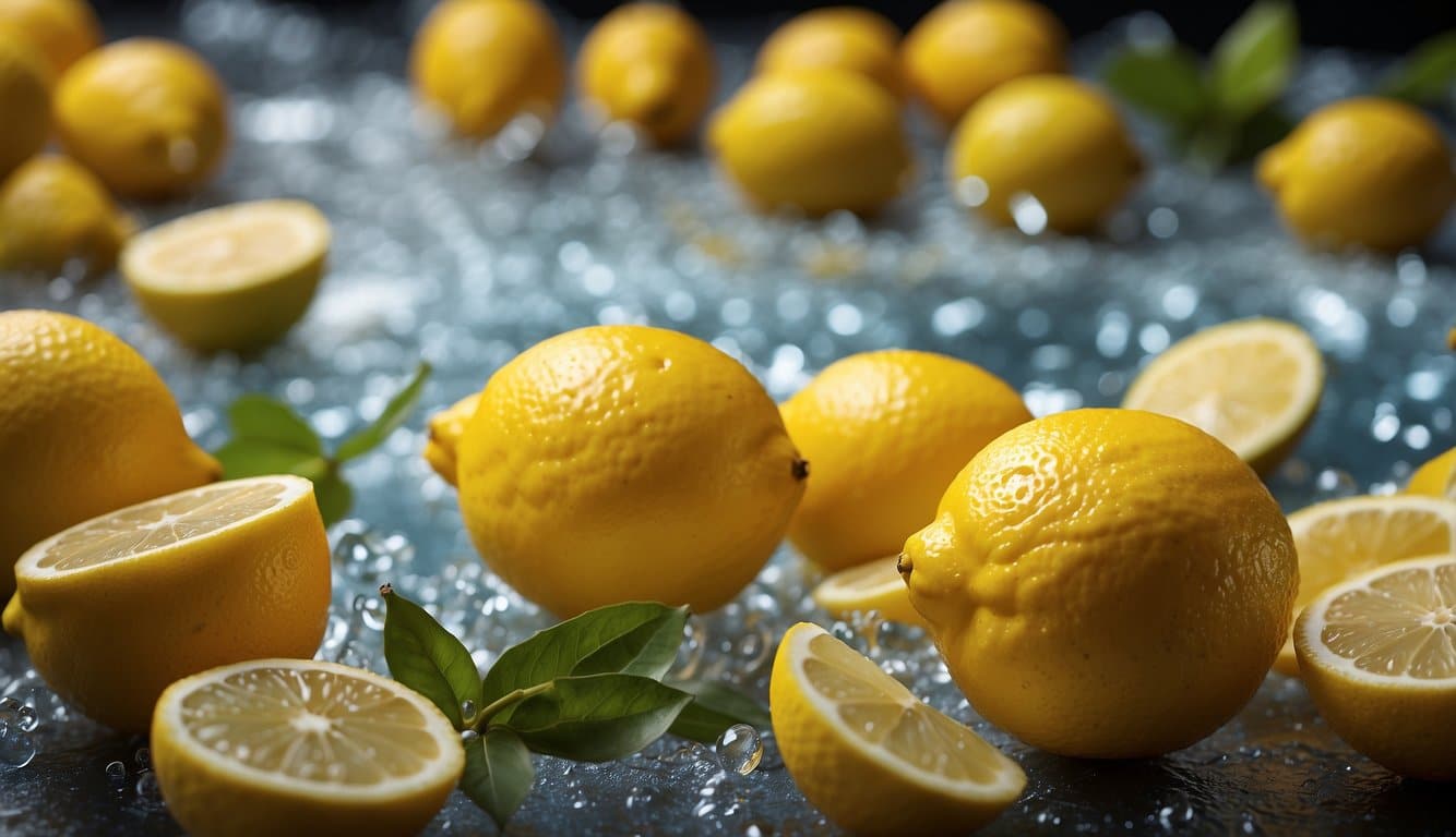A lemon emitting a bright, refreshing energy, surrounded by swirling shapes and patterns