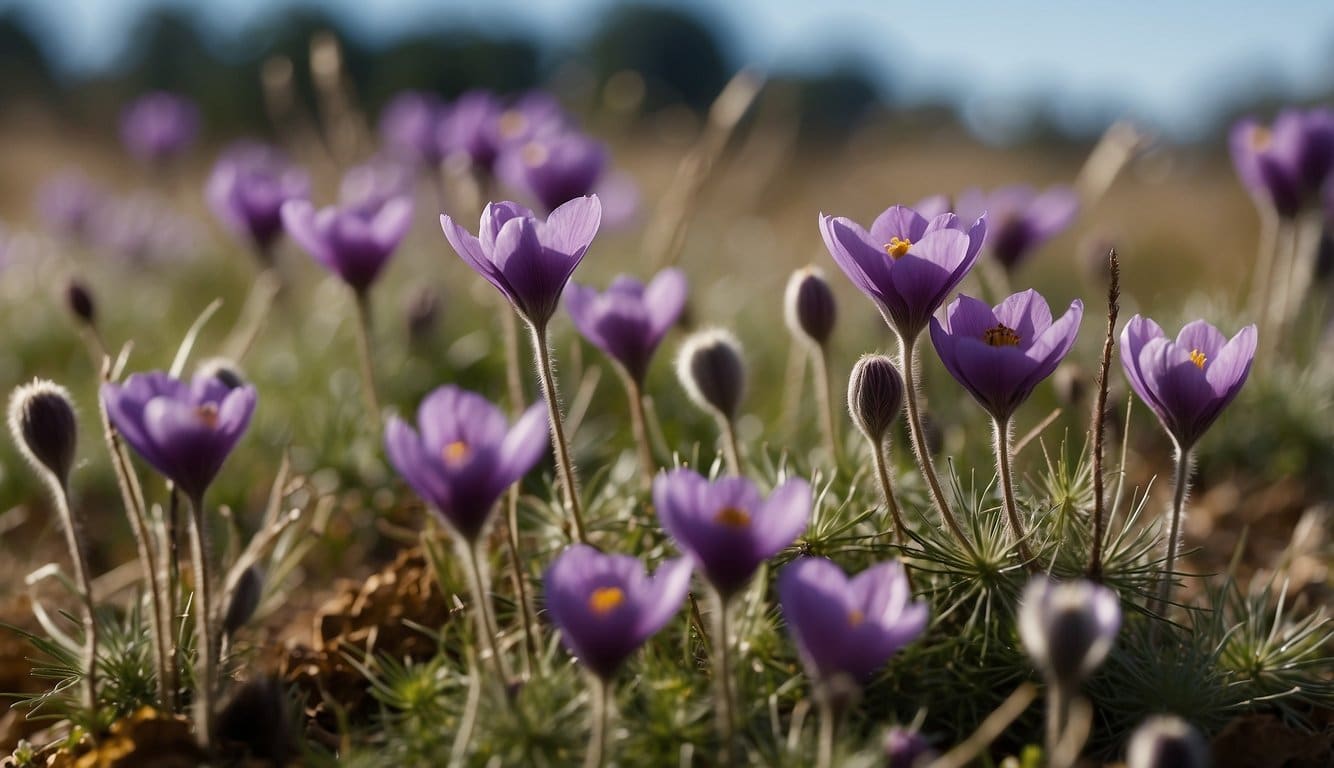 Ein Feld mit leuchtend violetten Pulsatilla-Blüten, die sich in der Brise wiegen, umgeben von üppigem Grün und einem klaren blauen Himmel 