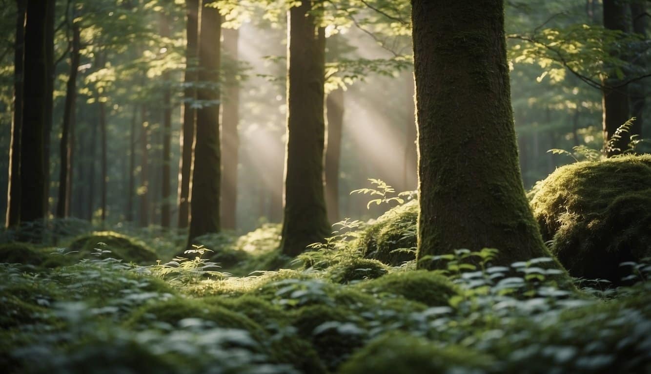 Ein ruhiger Wald mit Okoubaka-Bäumen, die eine beruhigende Energie ausstrahlen. Die Pflanzen und Tiere in der Umgebung wirken harmonisch und ausgeglichen 