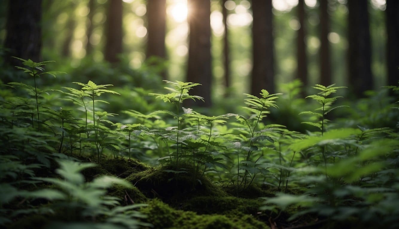 Ein heiterer Wald mit leuchtend grünem Laub und einer friedlichen Atmosphäre, die ein Gefühl von Ruhe und Gelassenheit ausstrahlt 