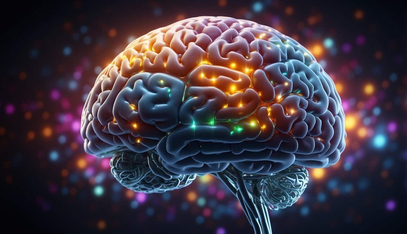 v2 76avn d3ako Ein Gehirn mit Cysteinmolekülen, die die Psyche beeinflussen und bunte Energiewellen aussenden