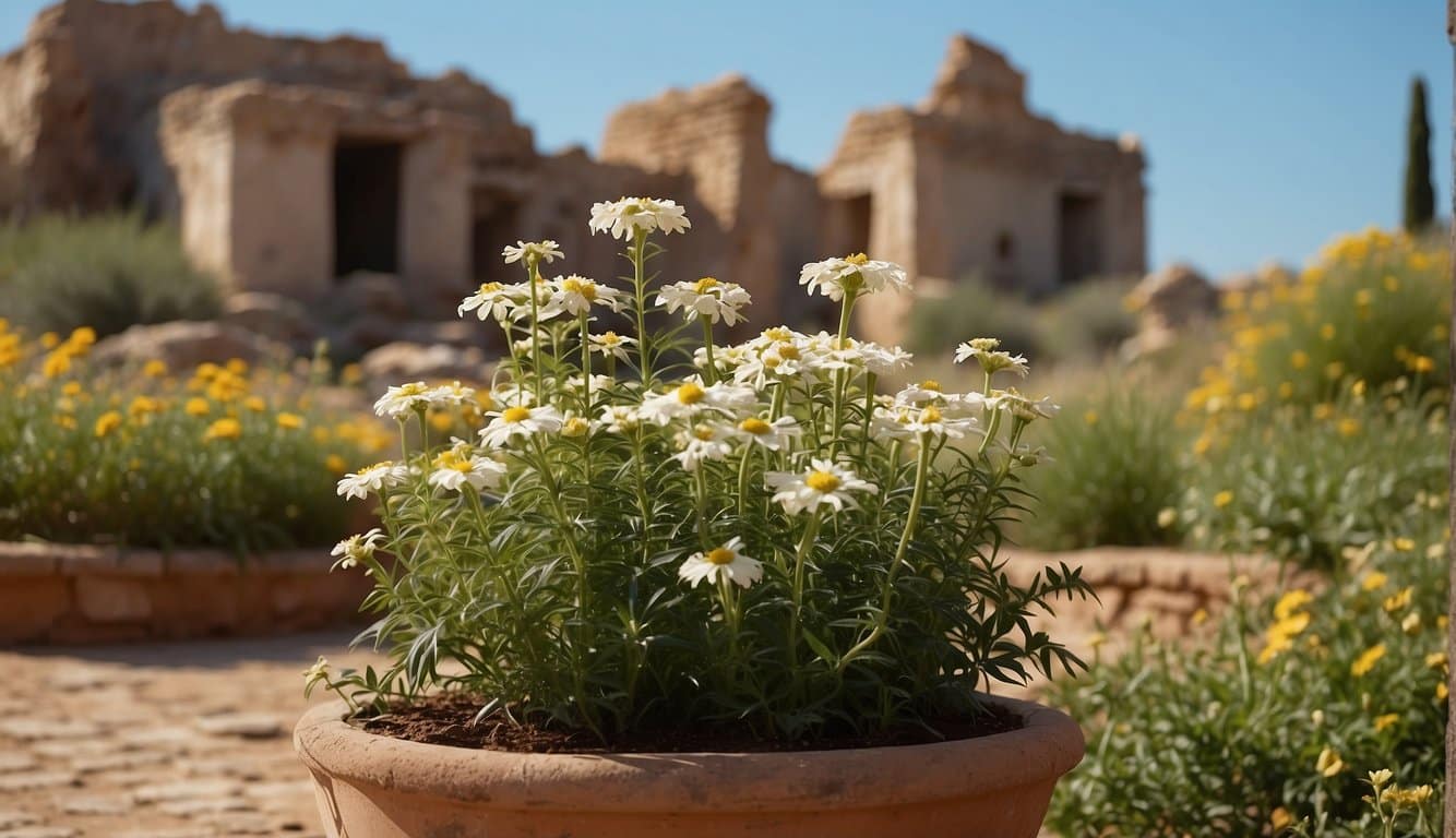 Ein ruhiger Garten mit blühenden Damiana-Pflanzen, umgeben von alten Ruinen und einem klaren blauen Himmel 