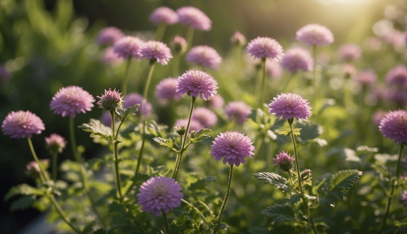 Ein Garten mit blühenden Storchschnabelpflanzen, deren zartrosa und violette Blüten sich in der Brise wiegen. Die Blätter sind leuchtend grün und schaffen eine beruhigende und friedliche Atmosphäre 