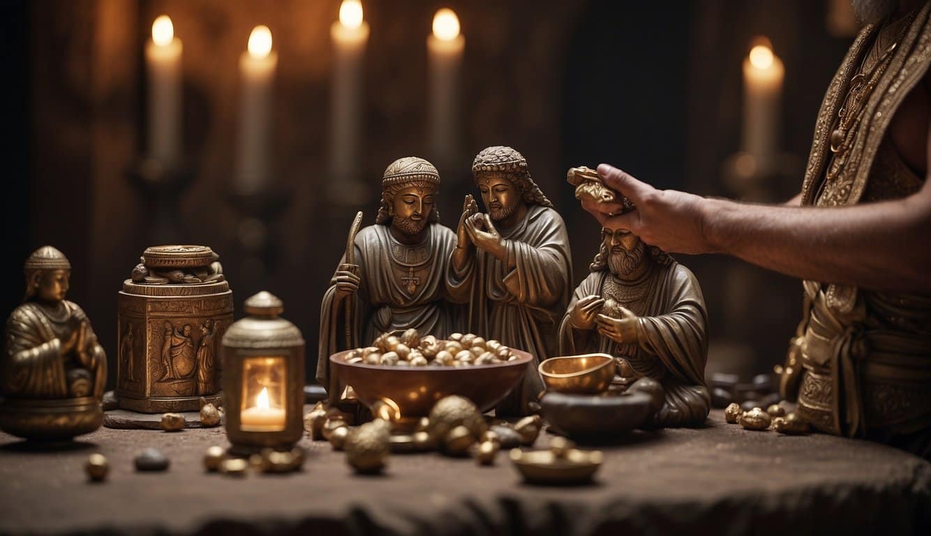 A historical scene with myrrh being used in ancient rituals, with cultural influences and its impact on the psyche