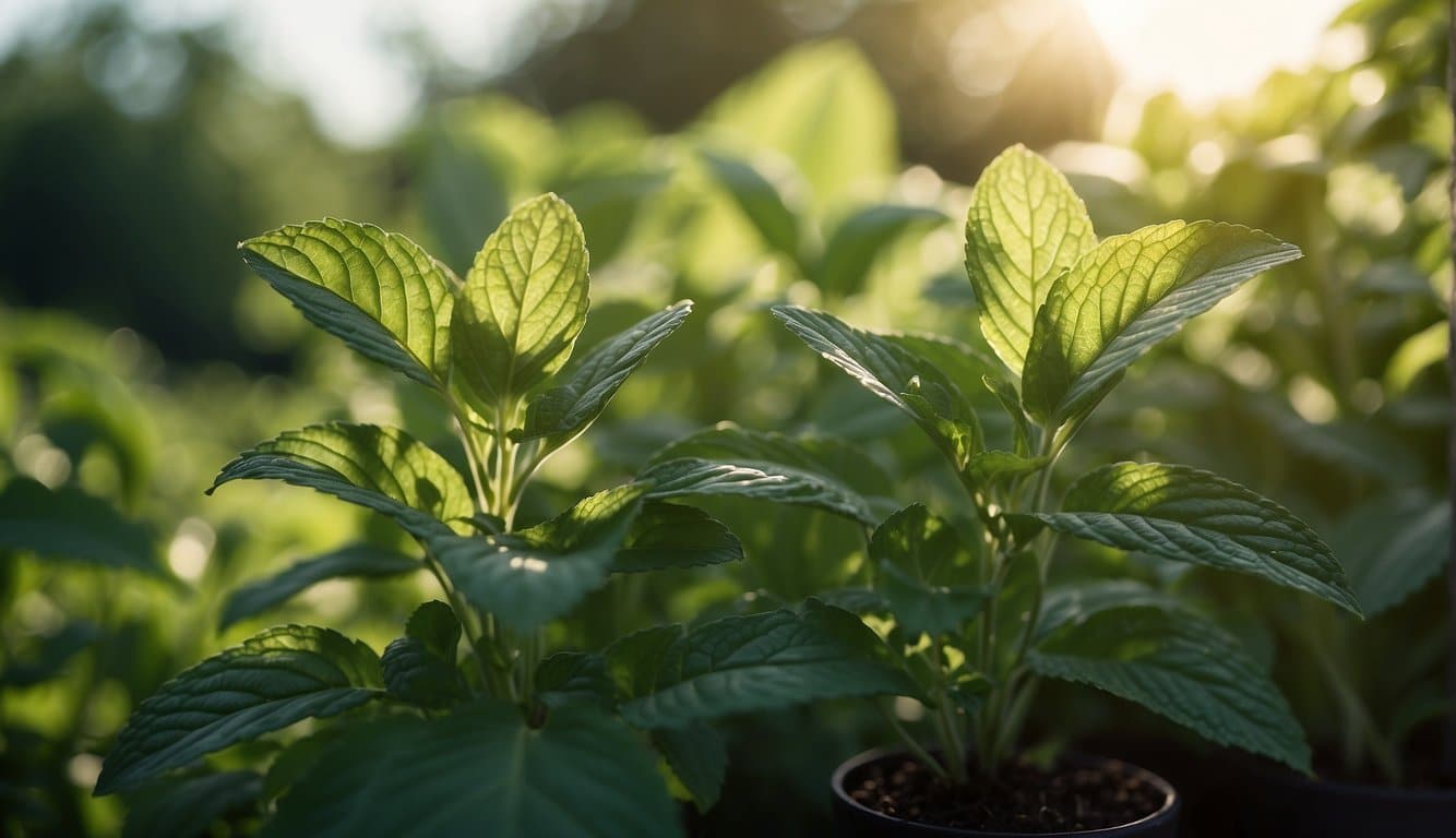 Eine lebendige Minzpflanze steht hoch und ihre Blätter verströmen ein erfrischendes Aroma. Das Sonnenlicht fällt durch das grüne Laub und bringt die ätherischen Öle zum Vorschein 