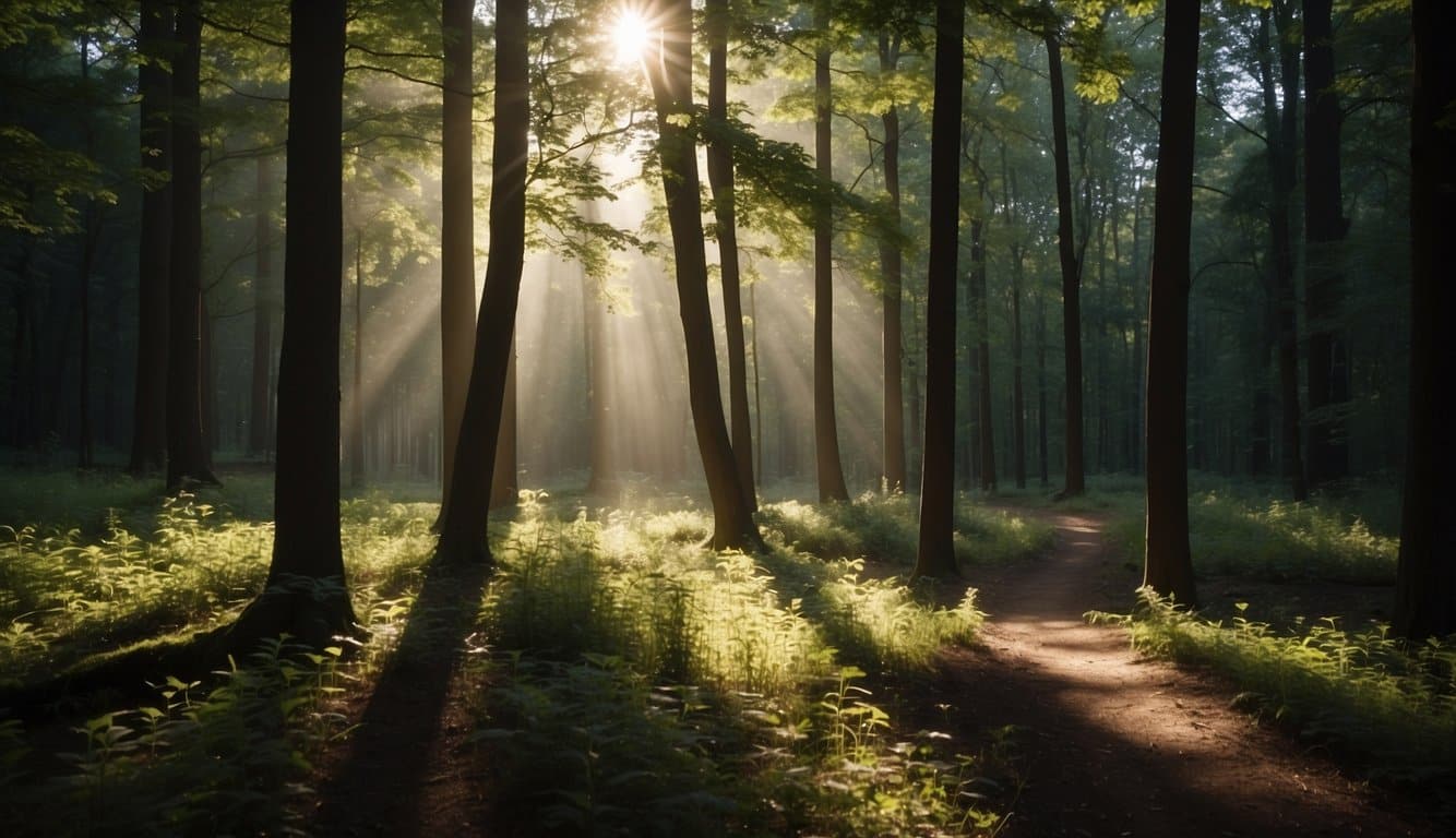 Ein ruhiger Wald, in dem das Sonnenlicht durch die Bäume bricht und Schatten auf den Boden wirft, was eine friedliche und beruhigende Atmosphäre schafft 