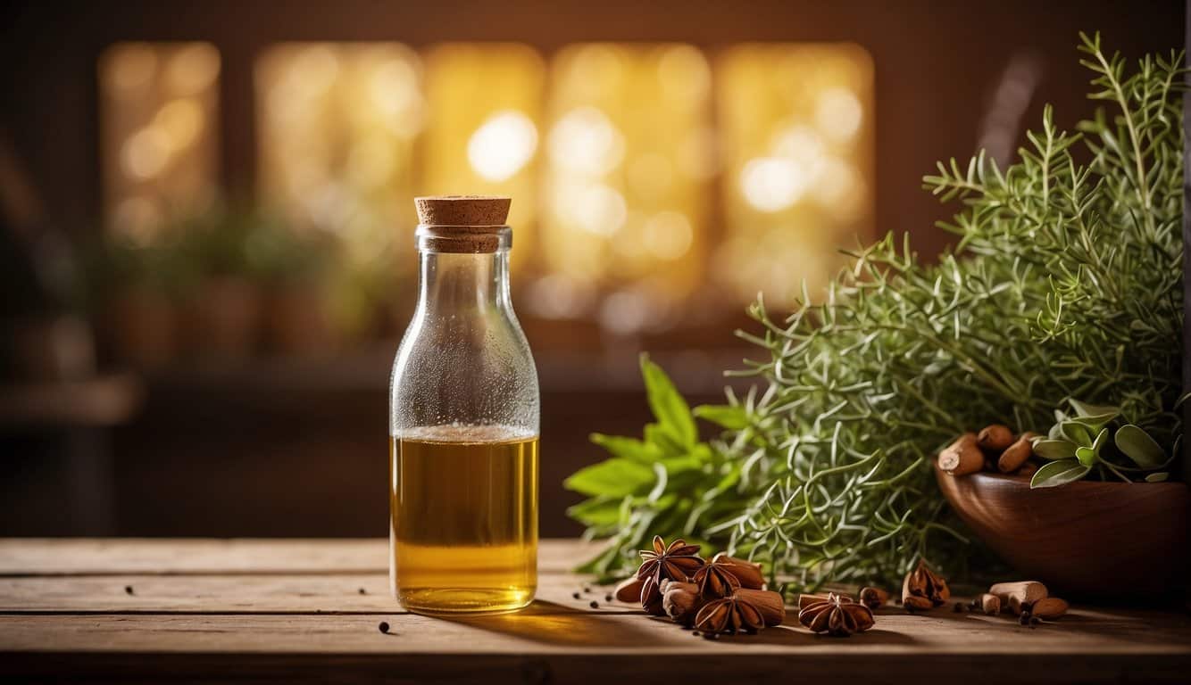 Eine Glasflasche mit Kümmel steht auf einem Holztisch, umgeben von verschiedenen Kräutern und Gewürzen. Von der Flasche geht ein warmes, beruhigendes Licht aus, das eine wohltuende und positive Wirkung auf die Verdauung und die Psyche hervorruft. 