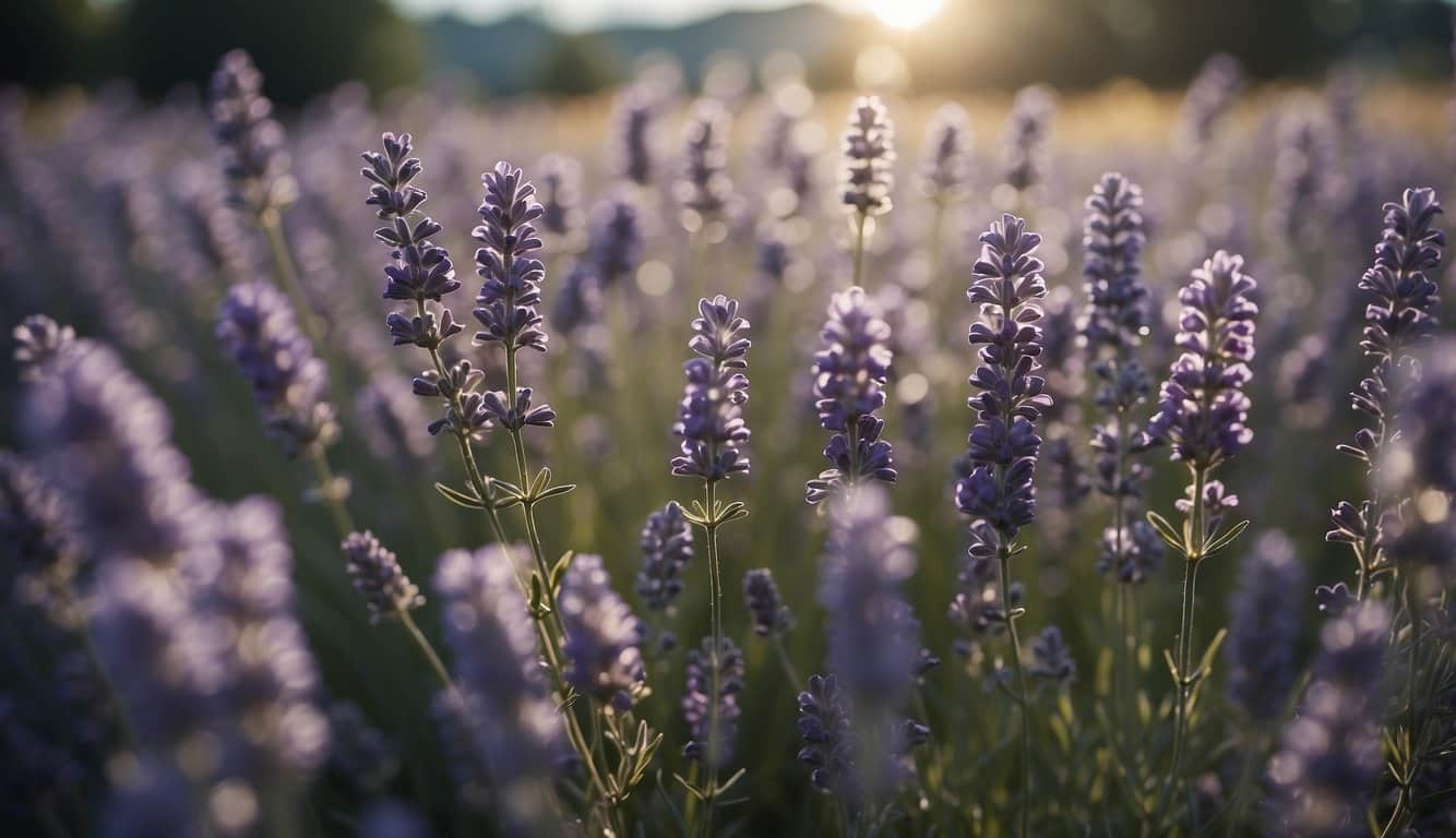 Eine heitere Szene eines Lavendelfeldes mit blühenden Blumen, umgeben von einer beruhigenden Aura, die ein Gefühl von Frieden und Entspannung hervorruft 