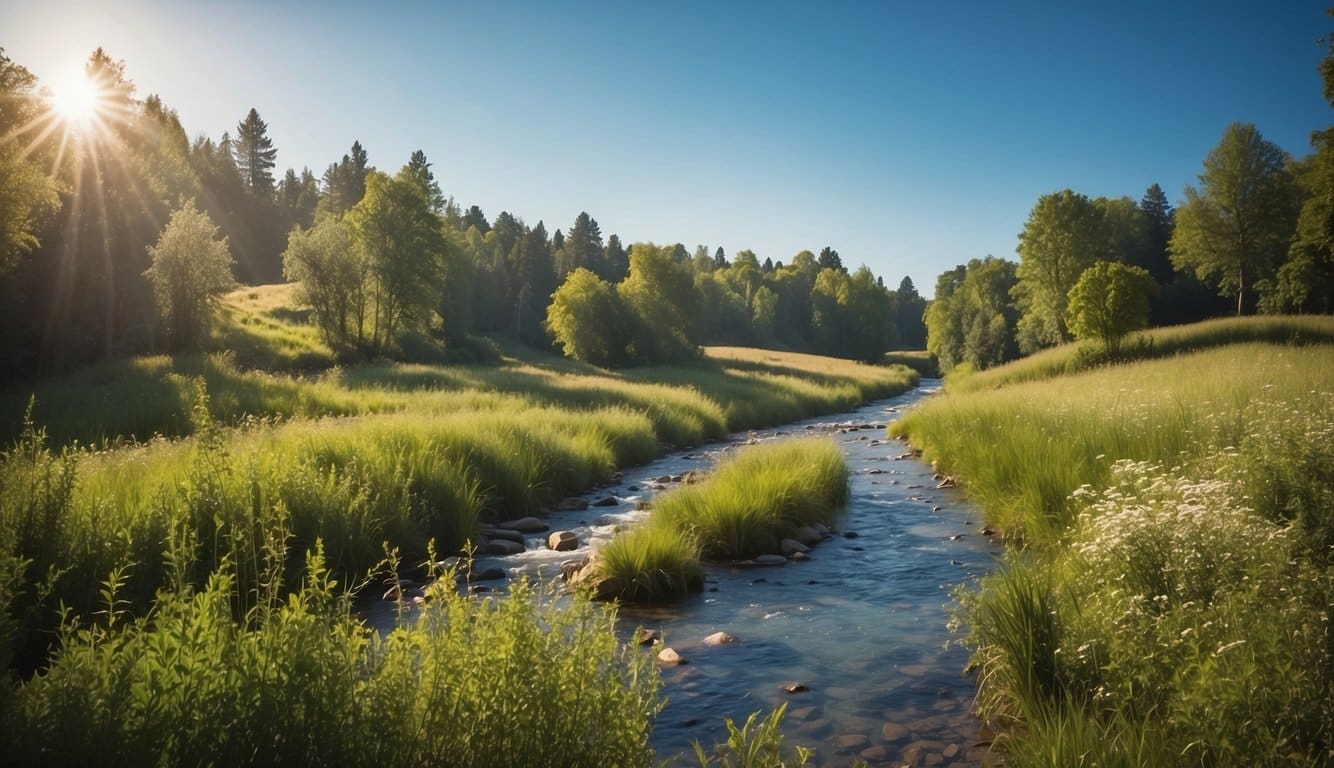 Eine heitere Landschaft mit einem fließenden Fluss, üppigem Grün und einem klaren blauen Himmel, die ein Gefühl von Ruhe und Gelassenheit hervorruft 