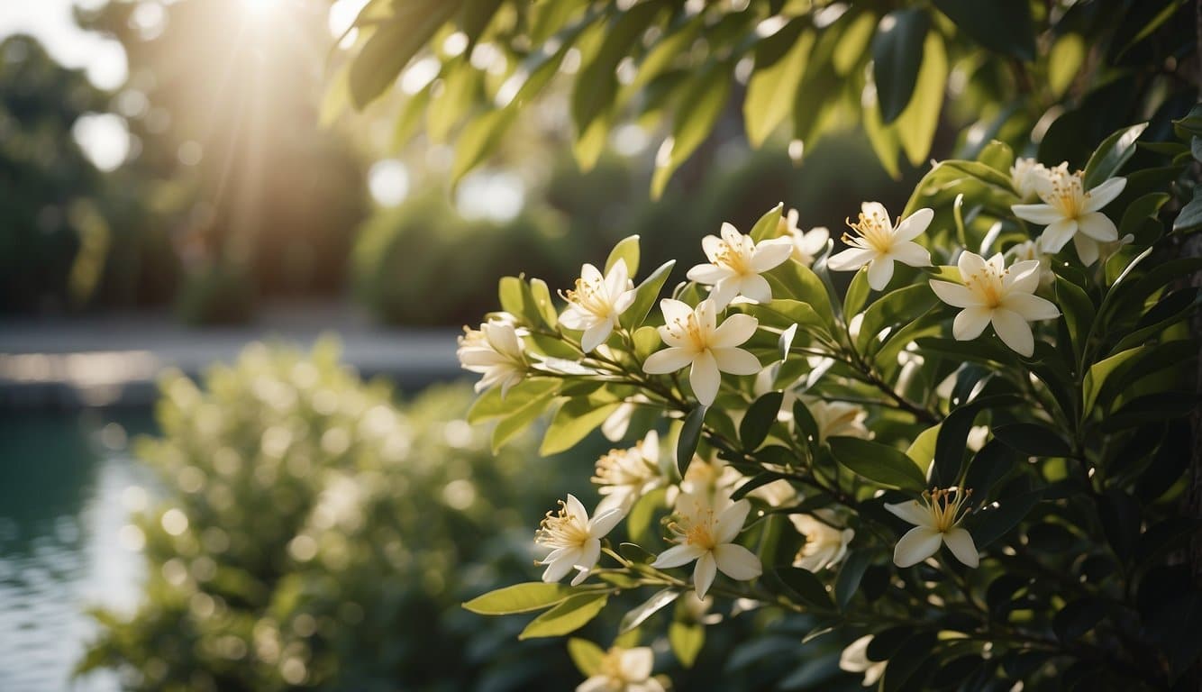 Ein ruhiger Garten mit blühenden Neroli-Blüten, umgeben von ruhigem Wasser und sanftem Sonnenlicht, das durch die Blätter fällt 
