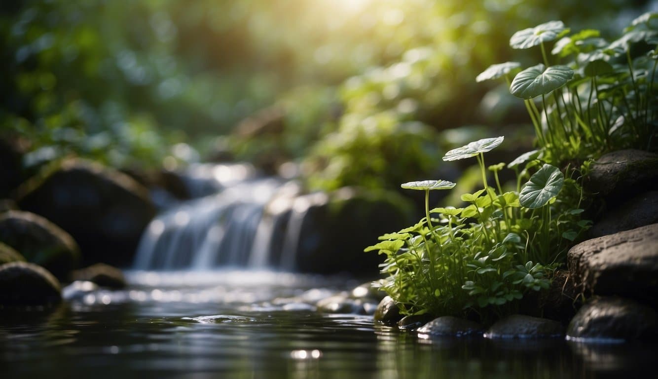 Ein ruhiger Geist, umgeben von beruhigenden Elementen wie fließendem Wasser und üppigem Grün, die die beruhigende Wirkung von Brahmi auf die Psyche hervorrufen 