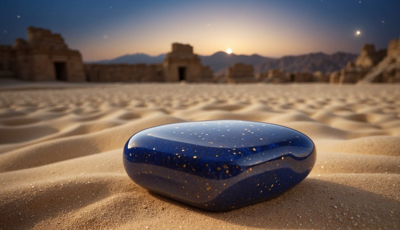 Ein tiefblauer Lapislazuli-Stein liegt auf einem Bett aus goldenem Sand, umgeben von alten Ruinen und einem schimmernden Sternenhimmel 