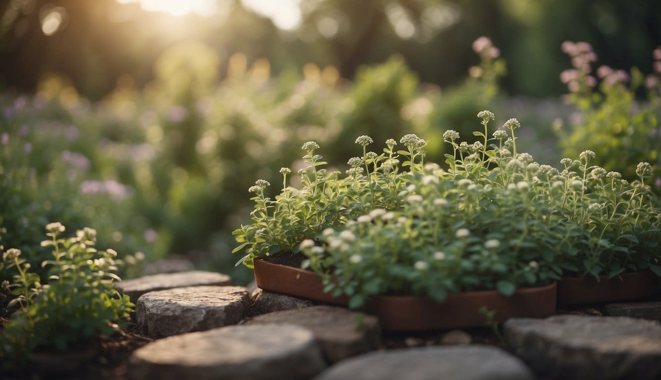 Ein heiterer Garten mit Oregano-Pflanzen, umgeben von einer ruhigen und friedlichen Umgebung, die ein Gefühl von geistigem Wohlbefinden und Ruhe hervorruft 