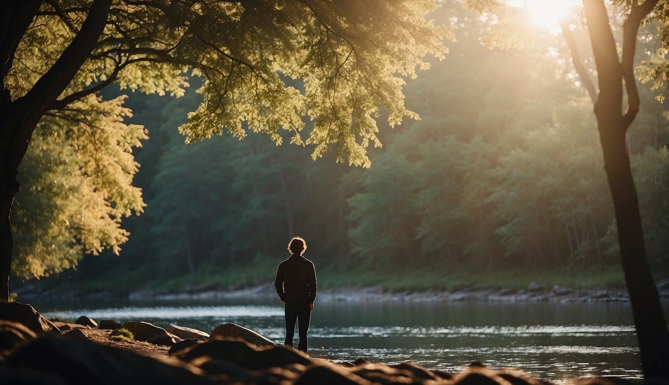 Eine Person, die in einer friedlichen, natürlichen Umgebung steht, umgeben von beruhigenden Elementen wie Wasser, Bäumen und sanftem Sonnenlicht 