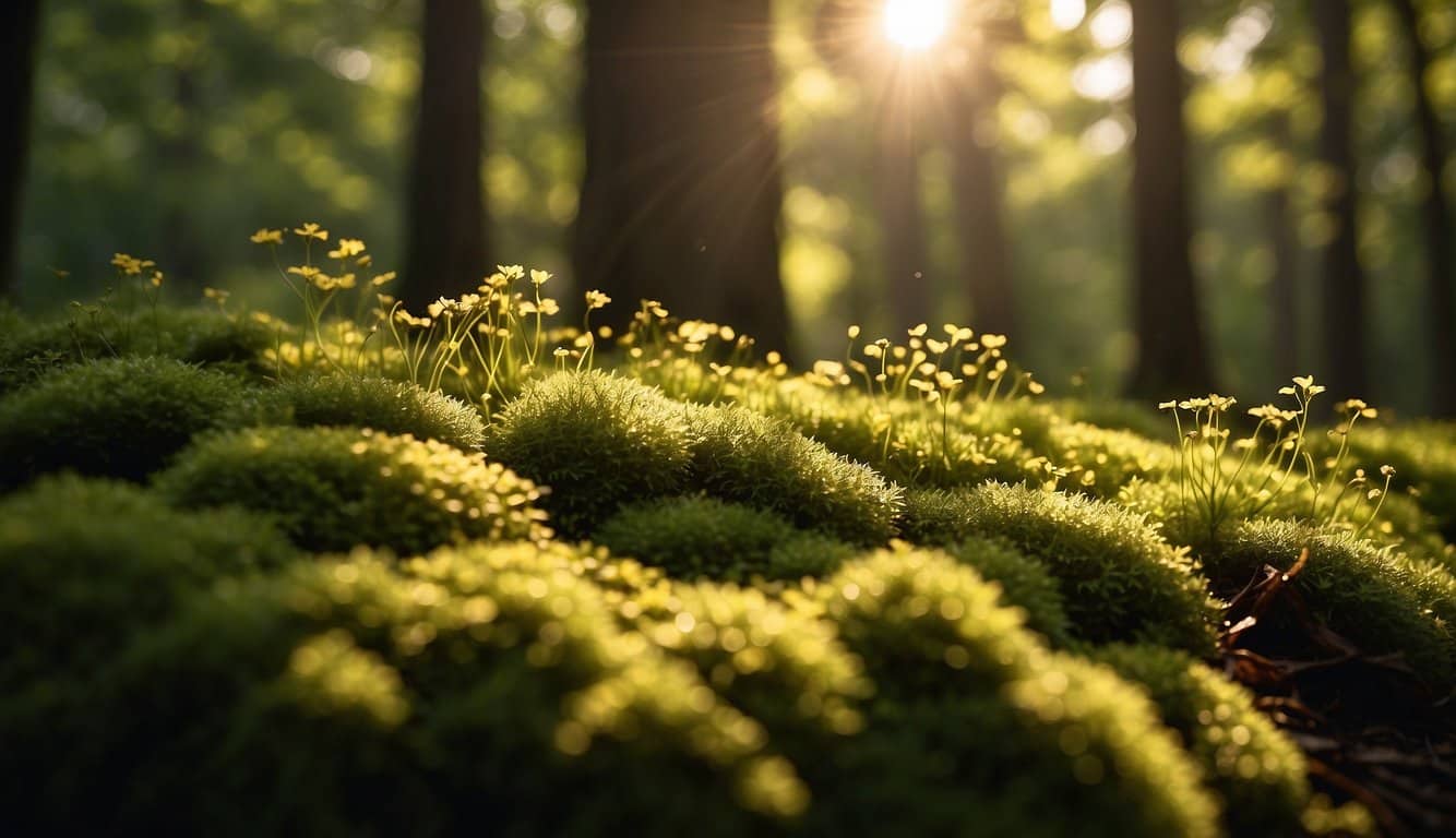 Ein ruhiger Wald mit Sonnenlicht, das durch die Bäume fällt und eine friedliche und beruhigende Atmosphäre schafft. Wilde Reishi-Pilze wachsen in Hülle und Fülle, was ihre Rolle bei der Stressbewältigung und dem geistigen Wohlbefinden symbolisiert.