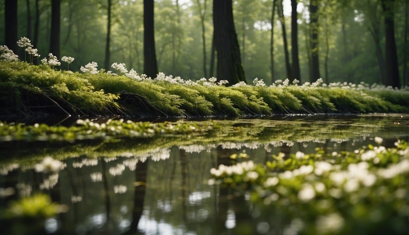 Eine ruhige Waldlichtung mit Lindenblüten, die in der Luft schweben und eine beruhigende und besänftigende Atmosphäre verbreiten 