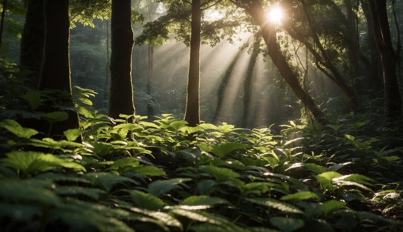 Eine heitere Waldlichtung, in der das Sonnenlicht durch die Bäume fällt, umgeben von Kakaopflanzen und einem Gefühl der Ruhe und Gelassenheit 