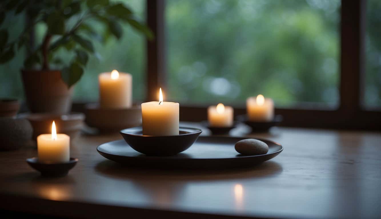 Eine ruhige Umgebung mit sanfter Beleuchtung, eine friedliche Atmosphäre und minimalistische Requisiten, um die ruhige und introspektive Natur des Yin Yoga zu vermitteln 