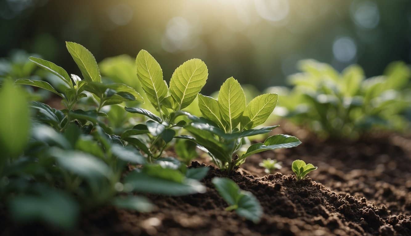 Ein heiterer Garten mit Tulsi-Pflanzen, umgeben von beruhigender Energie, die ein Gefühl von Frieden und Ruhe hervorruft 