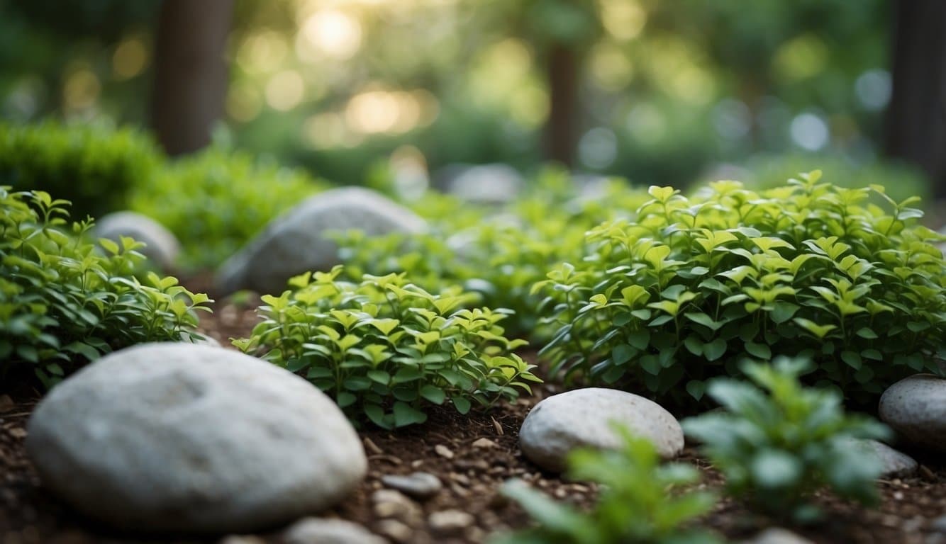 Ein heiterer Garten mit Chrysopras-Steinen, die inmitten von üppigem Grün verstreut sind und ein Gefühl von Ruhe und Gelassenheit hervorrufen 