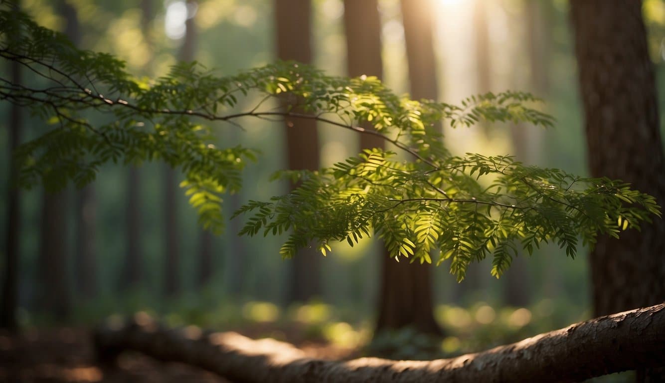 Ein ruhiger Wald mit Sandelholzbäumen, die einen beruhigenden Duft verströmen. Das Sonnenlicht fällt durch die Äste und wirft einen warmen, friedlichen Schein auf die Umgebung. 